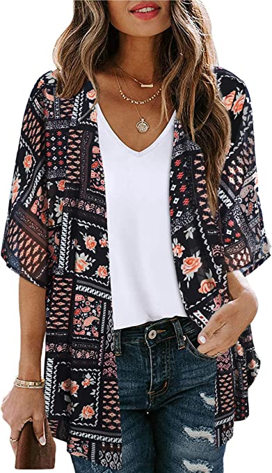 Women's Floral Print Puff Sleeve Kimono Cardigan Loose Cover Up Casual Blouse Tops