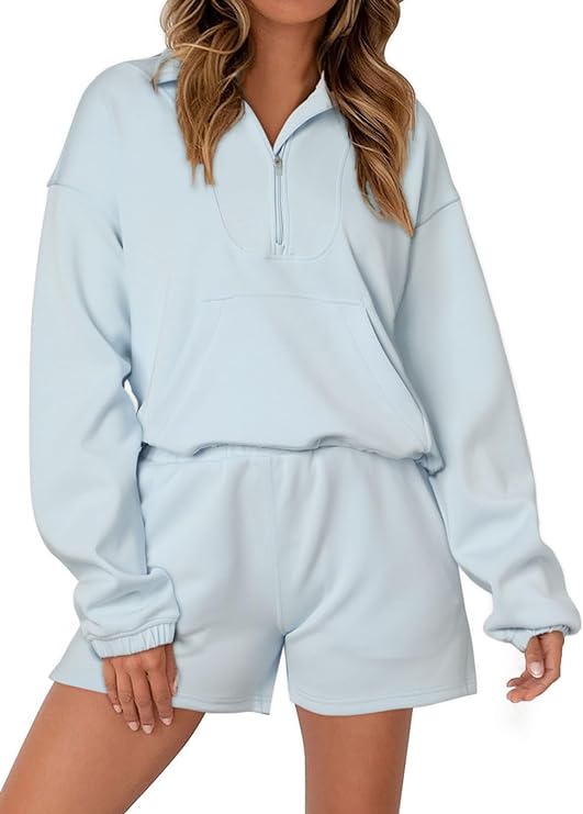 Dokotoo 2 Piece Outfits for Women Sweatsuit Oversized Half Zip Sweatshirt Tops and High Waist Shorts Tracksuit Sets