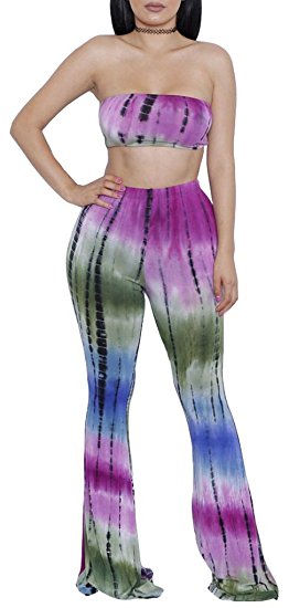 ZIKKER Women's Two-Piece Sexy Tie Dye Print Bandeau Top Flared Bell Bottom Pants Yoga Pant Outfits