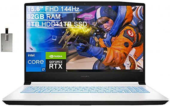 2022 MSI Sword Gaming 15.6" FHD 144Hz Laptop Computer, 11th Gen Intel Core i7-11800H, 32GB RAM, 1TB HDD  1TB PCIe SSD, Backlit Keyboard, GeForce RTX 3050 Ti, Windows 10, White, 32GB SnowBell USB Card…