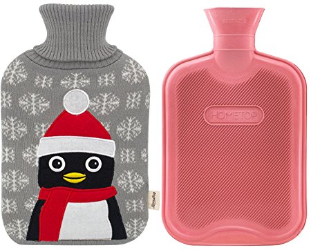 Premium Classic Rubber Hot Water Bottle and Cute Animal Embroidery Knit Cover (Penguin / Gray)
