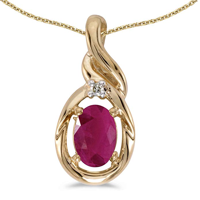 14k Yellow Gold Oval Ruby And Diamond Pendant with 18" Chain