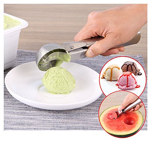 HaloVa Ice-Cream Scoop Multi-function Stainless Steel Watermelon Scooper, Digging Spoon with Trigger for Ice Cream and Fruit, Good Kitchen Helper
