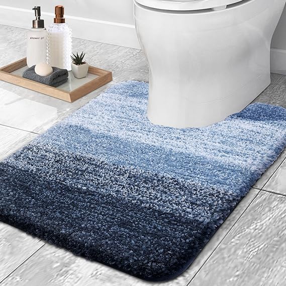 OLANLY Luxury Toilet Rugs U-Shaped 24x20, Extra Soft and Absorbent Microfiber Bathroom Rugs, Non-Slip Plush Shaggy Toilet Bath Mat, Machine Wash Dry, Contour Bath Rugs for Toilet Base, Navy