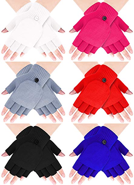 6 Pairs Women Winter Flip Gloves Convertible Mittens Thick Knitted Half Finger Gloves with Cover