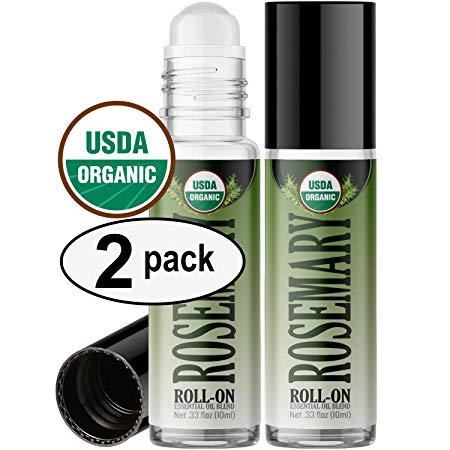 Organic Rosemary Roll On Essential Oil Rollerball (2 Pack - USDA Certified Organic) Pre-diluted with Glass Roller Ball for Aromatherapy, Kids, Children, Adults Topical Skin Application - 10ml Bottle