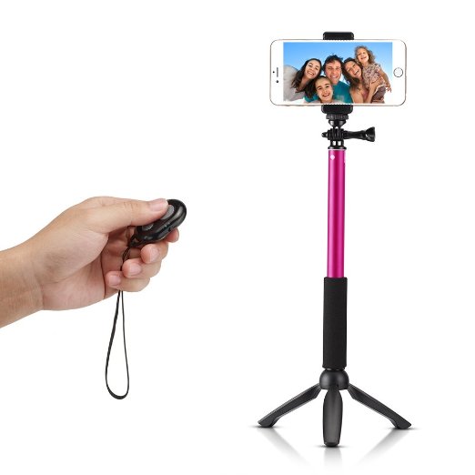 Accmor Rhythm Pro Extendable Handheld Monopod with Mini Tripod Stand and Bluetooth Remote Shutter for iOS & Android Smartphones, Digital and POV Cameras - Rose Red