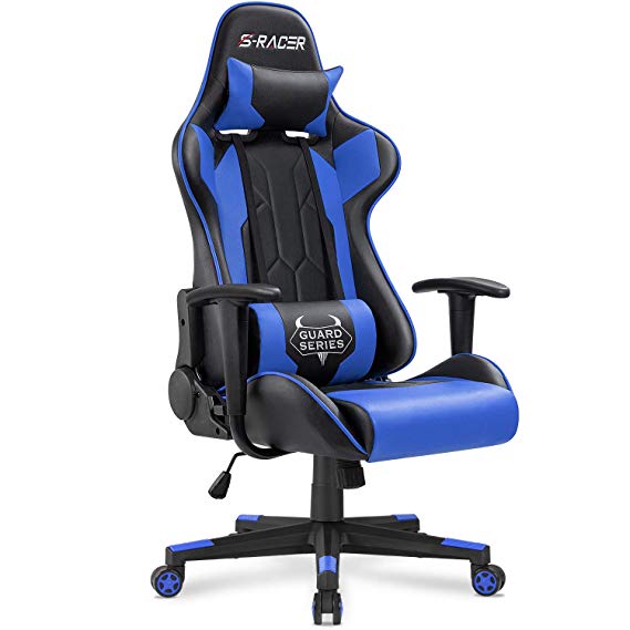 Homall Gaming Chair Racing Office Chair Sracer Computer Desk Chair High Back Leather Executive Swivel Chair Ergonomic Adjustable (Blue)