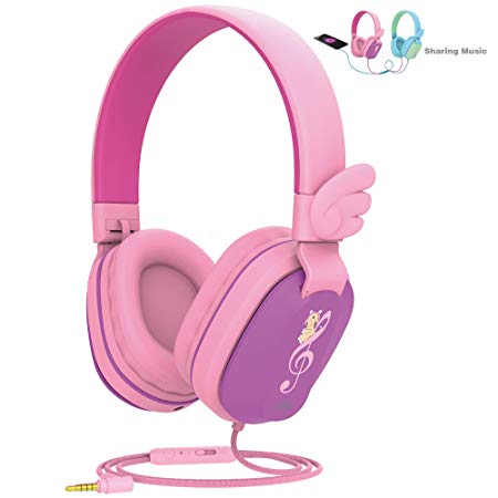 Kids Headphones, Riwbox CS6 Lightweight Foldable Stereo Headphones Over Ear Corded Headset Sharing Function with Mic and Volume Control Compatible for iPad/iPhone/PC/Kindle/Tablet (Purple&Pink)