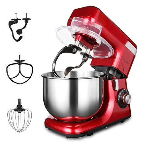 LASANTEC 550W Stand Mixer LST-55 8-Speed 5.5L Double Shaft Stepless Automatic Tilt-Head Electric Kitchen Food Machine with Dough Hooks, Flat Beater and Wire Whip(Coke Red)