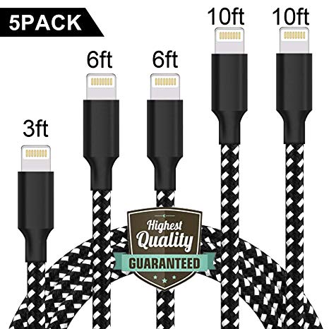 HEIRBLS Phone Charger, [5Pack 3FT 6FT 6FT 10FT 10FT] Nylon Braided Phone Cable to USB Charger Compatible with Phone X/8/8 Plus/7/7 Plus/and More(Black&White)