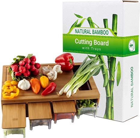Bamboo cutting board with 4 trays/drawers with Bamboo lids for slicing cheese, fruits, vegetables & meats, Chopping board with juice grooves, handles & food sliding opening, Best present & Gift