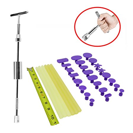 HOTPDR Car Dent Remover 2 in 1 Slide Hammer auto body tools 24 Pcs Purple Dent Puller Tabs Pdr Glue Sticks for paintless dent repair (31 Pcs)