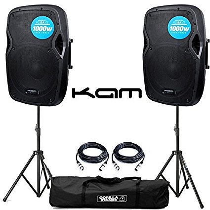 Kam RZ12A V3 Active Speakers (Pair) with Stands and Cables DJ Disco PA System Package