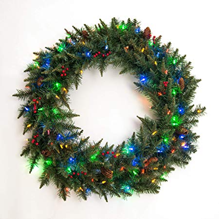 Mr. Light 36 Inch Wreath, 70 Dual Color LED's (Switchable Between Warm White and Multicolor), Berries, Pine Cones, 240 Tips, Indoor/ Outdoor Battery Box with 6hr/ 24 hr Electronic Timer.