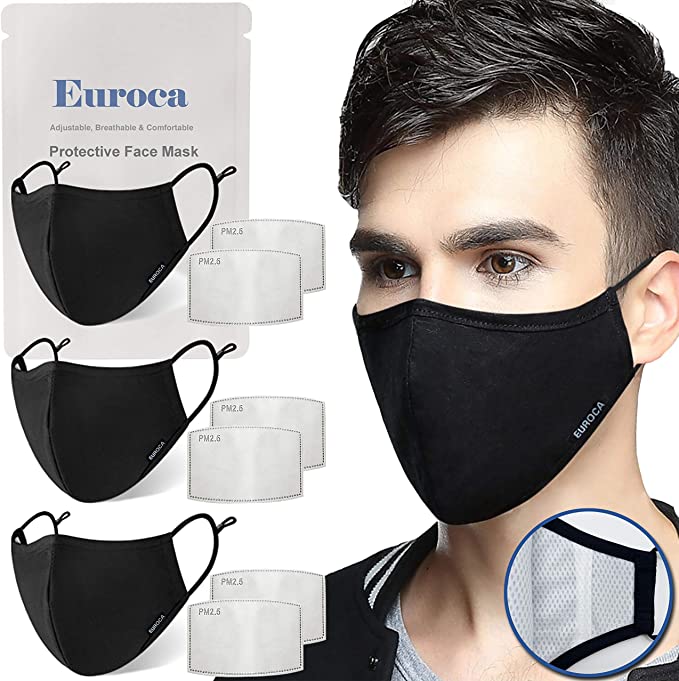 Euroca Reusable Face Masks with Filter Made from Cotton Fabric Breathable Washable with Nose Wire Adjustable Ear Loop Filters for Mens Womens Teens (3 Pack Man Black)