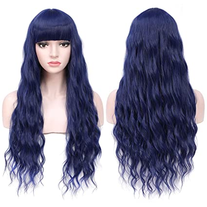 COSYMAY Dark Blue Wig 26'' Wavy Wig with Bangs Long Synthetic Wig for Women Halloween Party Wig Cosplay