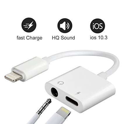 iPhone 7 Dual Lightning Adapter&Splitter, 2 in 1 Lightning Adapter, 3.5mm Lightning Headphone Audio&Charge Adapter for iPhone7/7 Plus, Not support Phone calling (Support Non-Apple Original Headset)