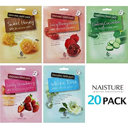 NAISTURE Collagen Facial Mask Sheet Pack - Essence Face Masks with 20 sheets - 15 Minute Application For Hydration - Made in Korea