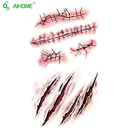AIHOME Horror Realistic Waterproof Temporary Scar Tattoo Sticker Fake Bloody Wound Stitch Scar Scab Halloween Masquerade Prank Makeup Props