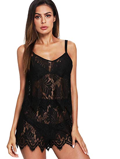 DIDK Women's Polka Dot Lace Trim Cami Pajama Set