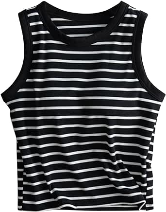 Women Built-in Shelf Bra Tank Tops Striped Sleeveless Camisole Crew Neck Loose Fit Blouses Summer Tops