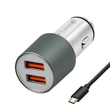 JDB Quick Charge 3.0, JDB 36W Dual USB Car Charger with Dual QC3.0 Ports and 3' Micro USB Cable - Gray