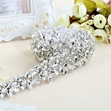 1 Yard Bridal Wedding Dress Sash Belt Applique with Crystals Rhinestones for Women Gown Evening Prom Clothes Handcrafted Sparkle Thin Sewn or Hot Fix