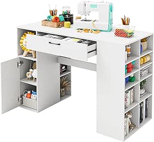 Giantex Craft Table with Storage, 53'' Artwork Sewing Table with 14 Cube Storage Shelves, Large Drawer, Cabinet with 2 Shelves, 36'' Counter Height Sewing Workstation White Drafting Writing Desk