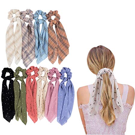 10Pcs Hair Scrunchies Hair Scarf Ponytail Holder Scrunchy Ties Satin Silk Elastic Hair Bands Vintage Accessories for Women Girls (Plaid Stripe & New Moon)