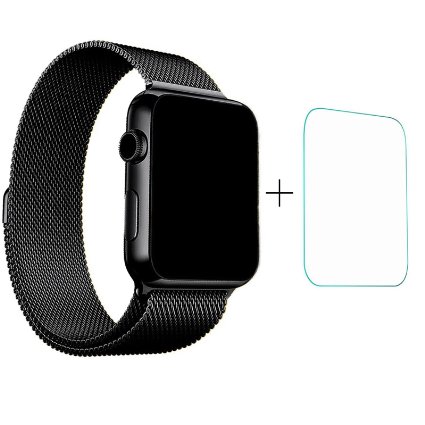 Apple Watch 42mm Band, ClockChoice Milanese Loop Stainless Steel Bracelet Strap for iWatch, BLACK | Unique Magnet Lock, No Buckle Needed | For Women and Men Use | Bonus Tempered Glass Screen Protector