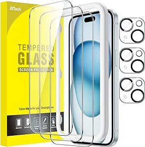 JETech Screen Protector for iPhone 15 Plus 6.7-Inch with Camera Lens Protector, Bubble Free, Easy Installation Tool, Tempered Glass Film, HD Clear, 3-Pack Each