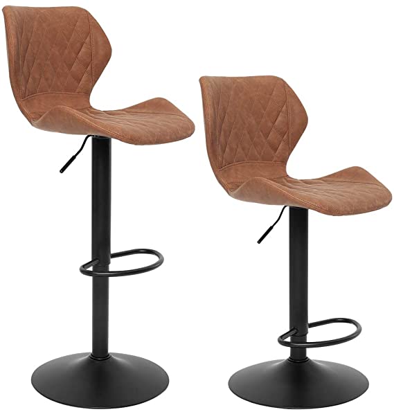 Superjare Set of 2 Adjustable Bar Stools, PU Swivel Barstool Chairs with Back, Pub Kitchen Counter Height, Brown