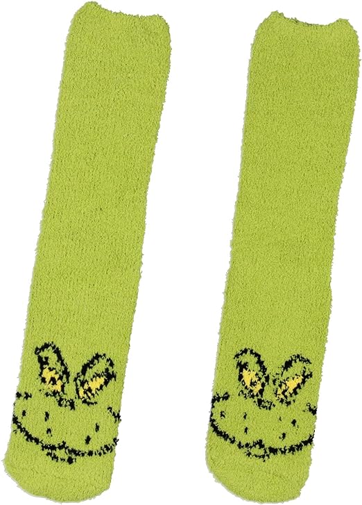 Dr. Seuss The Grinch Socks Adult Grinch Face Fuzzy Plush Slipper Socks w/No-Slip Sole