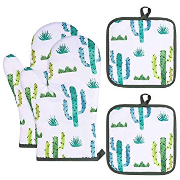 AhlsenL Heat Resistant Oven Mitts   2 Cotton Pot Holders Non Slip Oven Gloves for Kitchen Cooking Baking, BBQ, Grilling Machine Washable(Cactus)