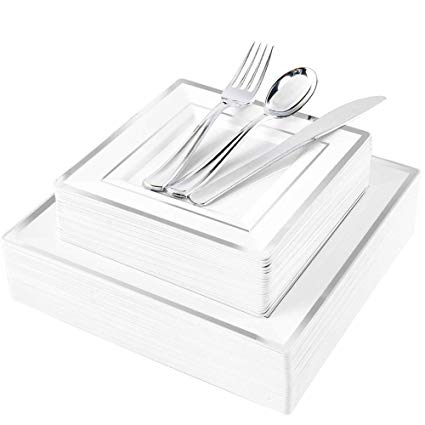 WDF 125pcs Silver Plastic Plates with Disposable Plastic Silverware-Silver Rim Square Plastic Dinnerware include 25 Dinner Plates,25 Salad Plates,25 Forks, 25 Knives, 25 Spoons