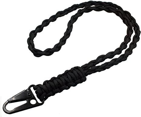 Exoticdream Military Grade Heavy Duty Paracord Lanyard Necklace Keychain Whistles Wrist Strap Parachute Rope Badge Cellphone Waterproof Holder Metal HK Clip Hook Outdoor Survival Men (Black)