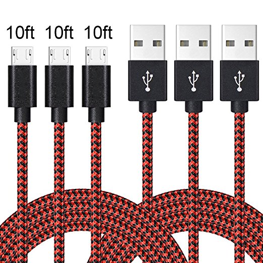 Micro USB Cable,Akaho 3Pack 10FT Extra Long Nylon Braided High Speed 2.0 USB to Micro USB Charging Cables Android Fast Charger Cord for Samsung Galaxy S7 Edge/S6/S4,Note 5/4/3,HTC,LG,Tablet(Black Red)