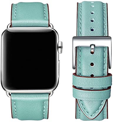OMIU Square Bands Compatible for Apple Watch 38mm 40mm 42mm 44mm, Genuine Leather Replacement Band Compatible with Apple Watch Series 6/5/4/3/2/1, iWatch SE(Tiffany Blue/Silver,38mm 40mm)