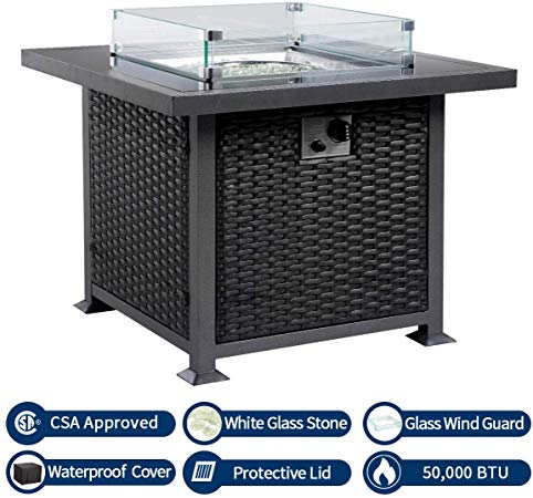 U-MAX 32in Outdoor Propane Gas Fire Pit Table, 50,000 BTU Auto-Ignition Gas Firepit with Glass Wind Guard, Black Tempered Glass Tabletop & Clear Glass Rock, Aluminum Frame&PE Rattan, CSA Certification