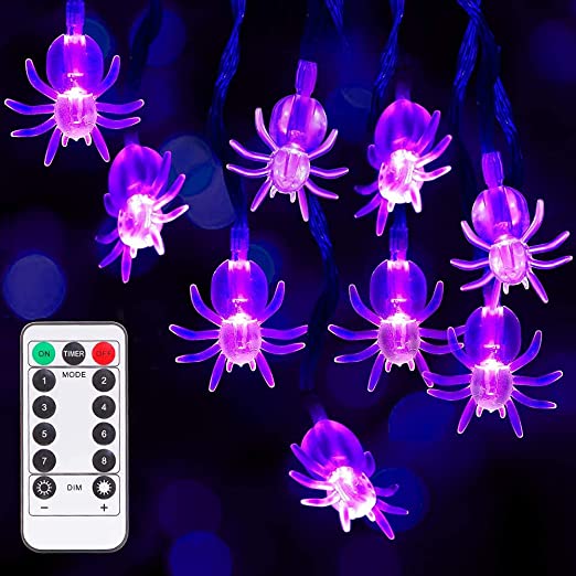 Litake Purple Spider String Lights ,30 LED Halloween Decoration Lights with Remote,Battery Operated Waterproof Halloween String Lights Indoor/Outdoor with 8 Lighting Modes for Halloween Party Decor
