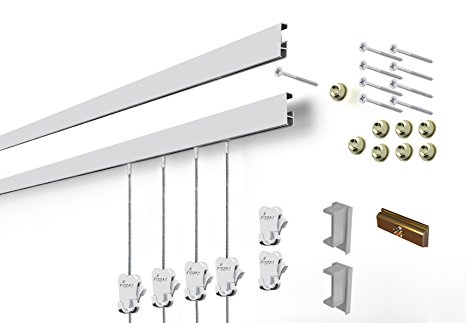 STAS Cliprail Complete Art Hanging Gallery System includes 2 Aluminum Tracks 59", 6 Hooks, 4 Steel Cables, Installation Hardware (Matte Silver)