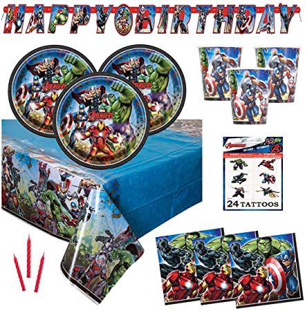 Avengers Birthday Party Supplies Set - Serves 16 - Includes Banner Decoration, Tablecover, Plates, Cups, Napkins, Tattoos and Candles