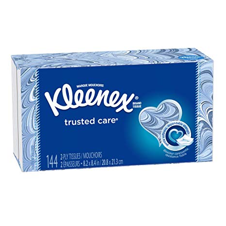 Kleenex Trusted Care Facial Tissues, 1 Flat Box, 144 Tissues per Box