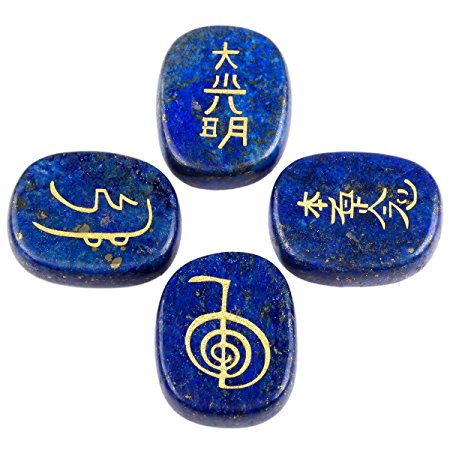 rockcloud Healing Crystal Lapis Lazuli 4pcs Engraved Chakra Palm Stone Reiki Balancing