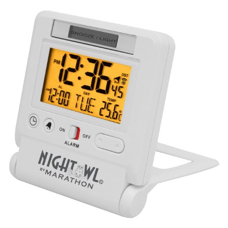 MARATHON CL030036WH Atomic Travel Alarm Clock with Auto Night Light Feature in White, Batteries Included