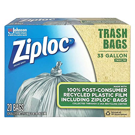 Ziploc 100% Post-Consumer Recycled Trash Bags, 33 Gallon, 20 Bags