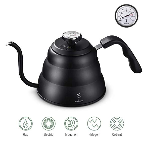 Soulhand Pour Over Coffee Kettle with Built-In Thermometer with Gooseneck Spout Stainless Steel Stovetop Coffee Tea Pot Support Stove and Fire -34oz/1000ML Black