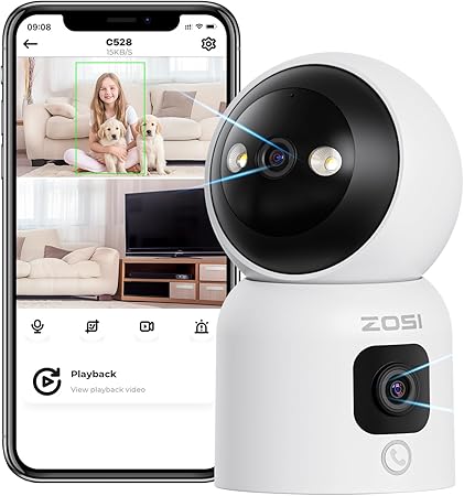 ZOSI 2K Dual-Lens Indoor Camera, C528D Plug-in 360° Views Pan/Tilt Home Security Baby/Pet Dog Monitor, Gesture/One-Touch Calling, Human Motion Tracking, 2.4G/5G Dual-Band WiFi, SD Card & Cloud Storage