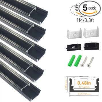 Lightingwill Clear LED Aluminum Channel U Shape 3.3Ft/1M 5 Pack Anodized Black Extrusion for &lt;12mm 5050 3528 LED Flex/Hard Strip Lights with Covers, End Caps, and Mounting Clips TP-U02B5